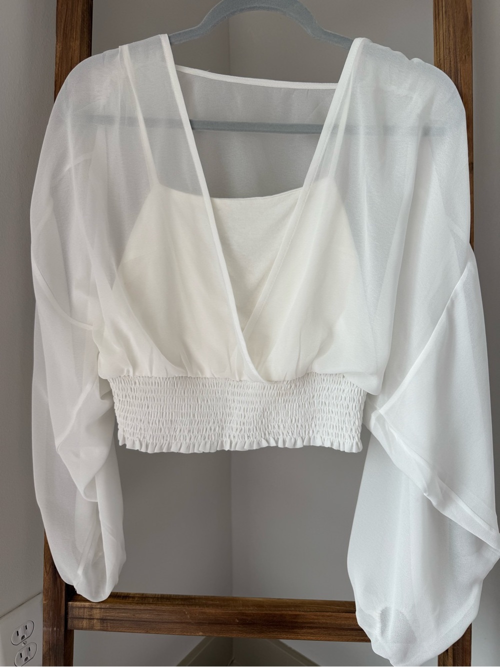 Wishlist White Sheer Long Sleeve Smocked Waist Blouse